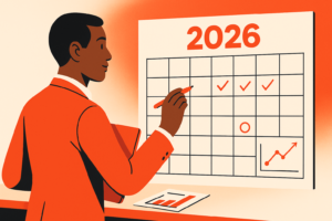 Um profissional de marketing analisa um calendário de 2026.