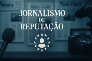 Capa editorial sobre jornalismo de reputação, com redação desfocada ao fundo, elementos de mídia e atmosfera profissional representando credibilidade.