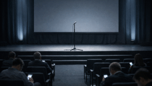 Palco de auditório corporativo vazio com microfone ao centro, enquanto parte da plateia sentada olha para celulares, indicando desatenção e excesso de fala no evento.