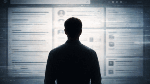 Homem de costas observa uma interface digital com resultados de busca desfocados, simbolizando a construção da reputação digital a partir de registros online.