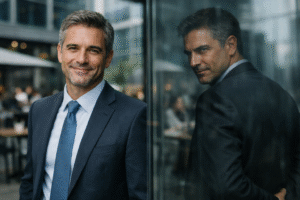 Executivo bem-vestido sorri diante de um prédio corporativo moderno, enquanto seu reflexo no vidro revela uma expressão fria e calculista, simbolizando autoridade aparente e reputação enganosa no ambiente corporativo.