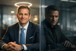 Executivo de aparência cordial e confiante em ambiente corporativo, com um halo de luz sobre a cabeça, enquanto seu reflexo no vidro revela uma expressão sombria e calculista, simbolizando reputação performática e intenção oculta nos negócios.