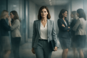 Mulher executiva caminha com postura firme em ambiente corporativo, enquanto outras mulheres ao fundo conversam de forma velada, sugerindo intimidação silenciosa e disputa reputacional no local de trabalho.