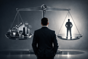 Executivo observa uma balança simbólica entre indicadores financeiros do negócio e a figura da liderança, representando o valuation pessoal como base do valor empresarial.