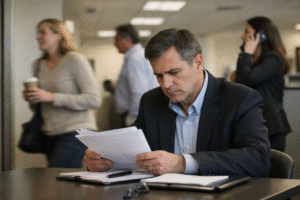 Empresário concentrado analisando documentos em ambiente corporativo, enquanto profissionais conversam e falam ao telefone ao fundo.