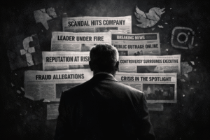 Homem de costas diante de manchetes de jornais sobre crise, escândalo e risco à reputação, simbolizando a exposição pública de líderes e empresas em tempos de julgamento midiático.