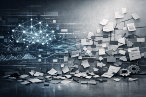 Representação visual da inteligência artificial operando sobre processos desorganizados, com redes digitais avançadas contrastando com fluxos fragmentados de documentos, simbolizando a automação de falhas estruturais.