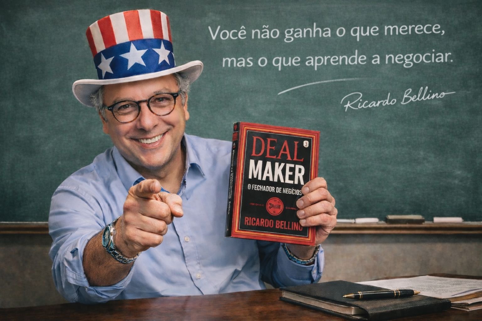 Ricardo Bellino segura o livro Deal Maker – O Fechador de Negócios em sala de aula, com frase sobre negociação ao fundo