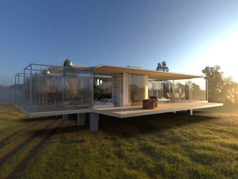 Residência modular sustentável de alto padrão com estrutura elevada, amplas fachadas envidraçadas e integração total com a paisagem natural.
