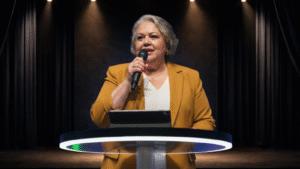 Myrinha Vasconcellos discursando em um púlpito no palco, sob iluminação cênica, falando sobre Relacionamento de Excelência e experiência do cliente.