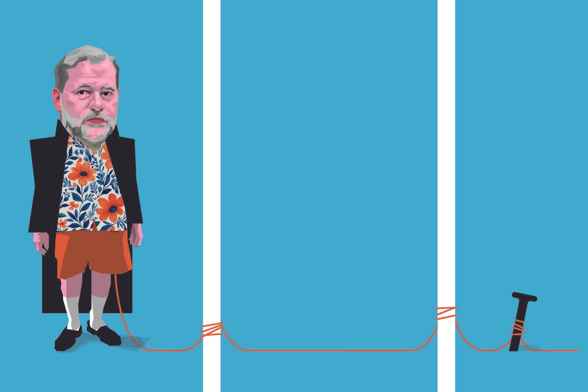 Caricatura Dias Toffoli, Ministro do Supremo Tribunal Federal, com cabelo e barba grisalhos, veste camisa florida, bermuda vermelha e casaco preto. Ele está amarrado por um cordão vermelho que conecta seu tornozelo a uma estaca fincada no chão, sobre fundo azul claro.