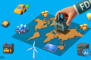 Ilustração de @amarildocharges com fundo azul intenso. No centro, há um mapa-múndi em perspectiva, com os continentes destacados em tom dourado. Sobre o mapa, uma mão humana entra pela direita da imagem e posiciona uma pequena fábrica industrial, simbolizando a instalação de investimentos produtivos em diferentes regiões do mundo. A manga da mão traz a sigla FDI, que significa investimento estrangeiro direto.   Ao redor do mapa, flutuam ícones tridimensionais que representam setores estratégicos da economia global: um carro elétrico amarelo com um cabo de energia, uma bateria automotiva, um chip eletrônico, cristais azuis simbolizando minerais críticos, uma turbina eólica, um painel solar, servidores de dados com o símbolo de inteligência artificial e uma lâmpada acesa representando inovação. Há também pilhas de moedas douradas distribuídas em diferentes pontos, sugerindo fluxo de capital e investimentos internacionais.   A composição transmite a ideia de direcionamento estratégico do capital global para áreas como tecnologia, energia limpa, indústria avançada e inteligência artificial, em escala mundial.