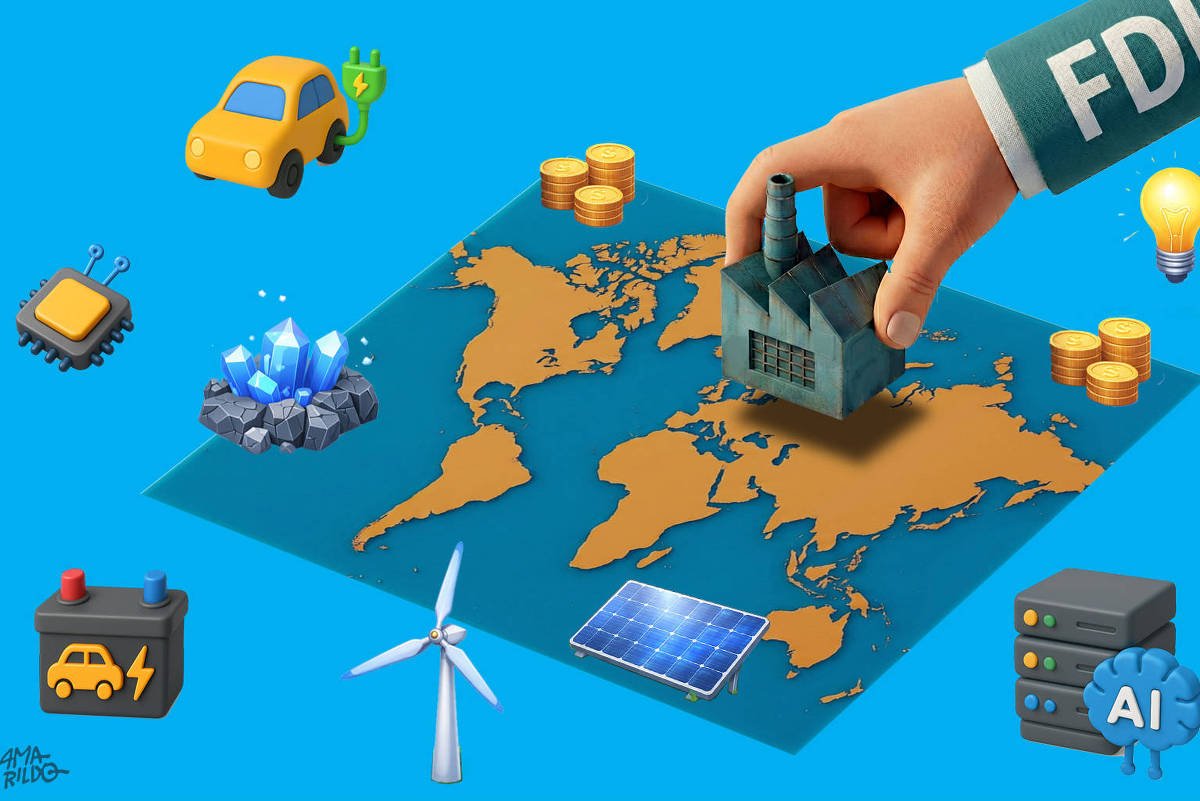 Ilustração de @amarildocharges com fundo azul intenso. No centro, há um mapa-múndi em perspectiva, com os continentes destacados em tom dourado. Sobre o mapa, uma mão humana entra pela direita da imagem e posiciona uma pequena fábrica industrial, simbolizando a instalação de investimentos produtivos em diferentes regiões do mundo. A manga da mão traz a sigla FDI, que significa investimento estrangeiro direto.   Ao redor do mapa, flutuam ícones tridimensionais que representam setores estratégicos da economia global: um carro elétrico amarelo com um cabo de energia, uma bateria automotiva, um chip eletrônico, cristais azuis simbolizando minerais críticos, uma turbina eólica, um painel solar, servidores de dados com o símbolo de inteligência artificial e uma lâmpada acesa representando inovação. Há também pilhas de moedas douradas distribuídas em diferentes pontos, sugerindo fluxo de capital e investimentos internacionais.   A composição transmite a ideia de direcionamento estratégico do capital global para áreas como tecnologia, energia limpa, indústria avançada e inteligência artificial, em escala mundial.