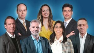 Da esq. para a dir, de cima para baixo: Artur Wichmann, da XP; Julia Lenzi Baulé, do BB Private; Luciano Telo, do UBS; Nicholas McCarthy, do Itaú; João Scandiuzzi, do BTG; Juliana Laham, do Bradesco; e Christiano Clemente, do Santander