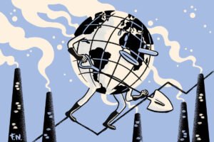 Planeta Terra antropomorfizado com braços e pernas, segurando uma pá e equilibrando-se sobre uma linha ascendente. Ao fundo, quatro chaminés industriais emitem fumaça branca contra céu azul.