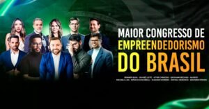 Banner do CONEBRA 2026, maior congresso de empreendedorismo do Brasil, com palestrantes confirmados e identidade visual nas cores verde e amarelo, destacando o evento que acontece em Goiânia.