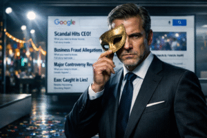 Executivo de terno segurando máscara de carnaval dourada diante de tela com resultados negativos no Google.