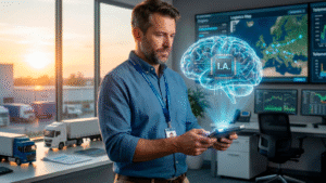 Gestor de frotas utilizando smartphone com holograma de inteligência artificial em escritório logístico com caminhões e painéis de monitoramento ao fundo.