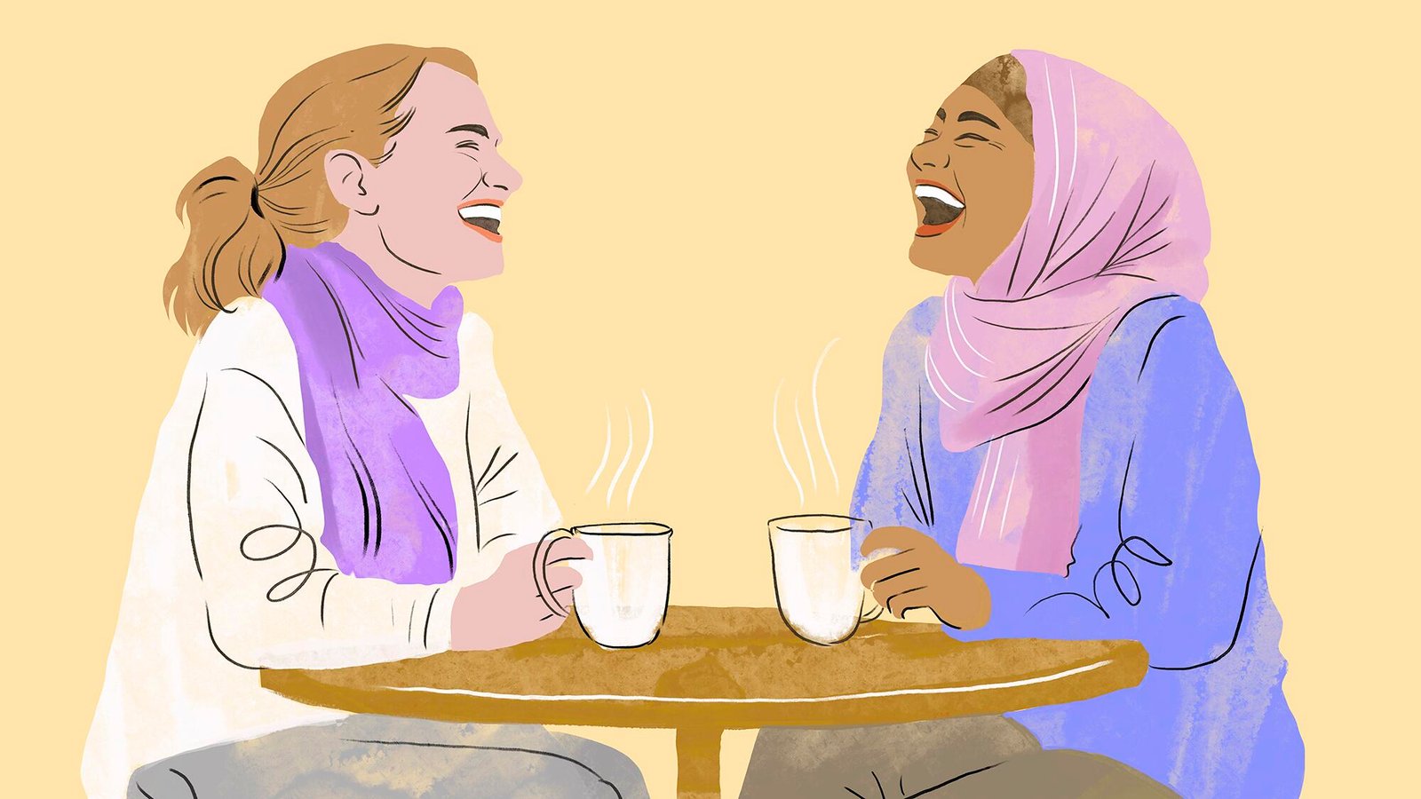 An illustration of two women laughing and talking over coffee at a cafe.