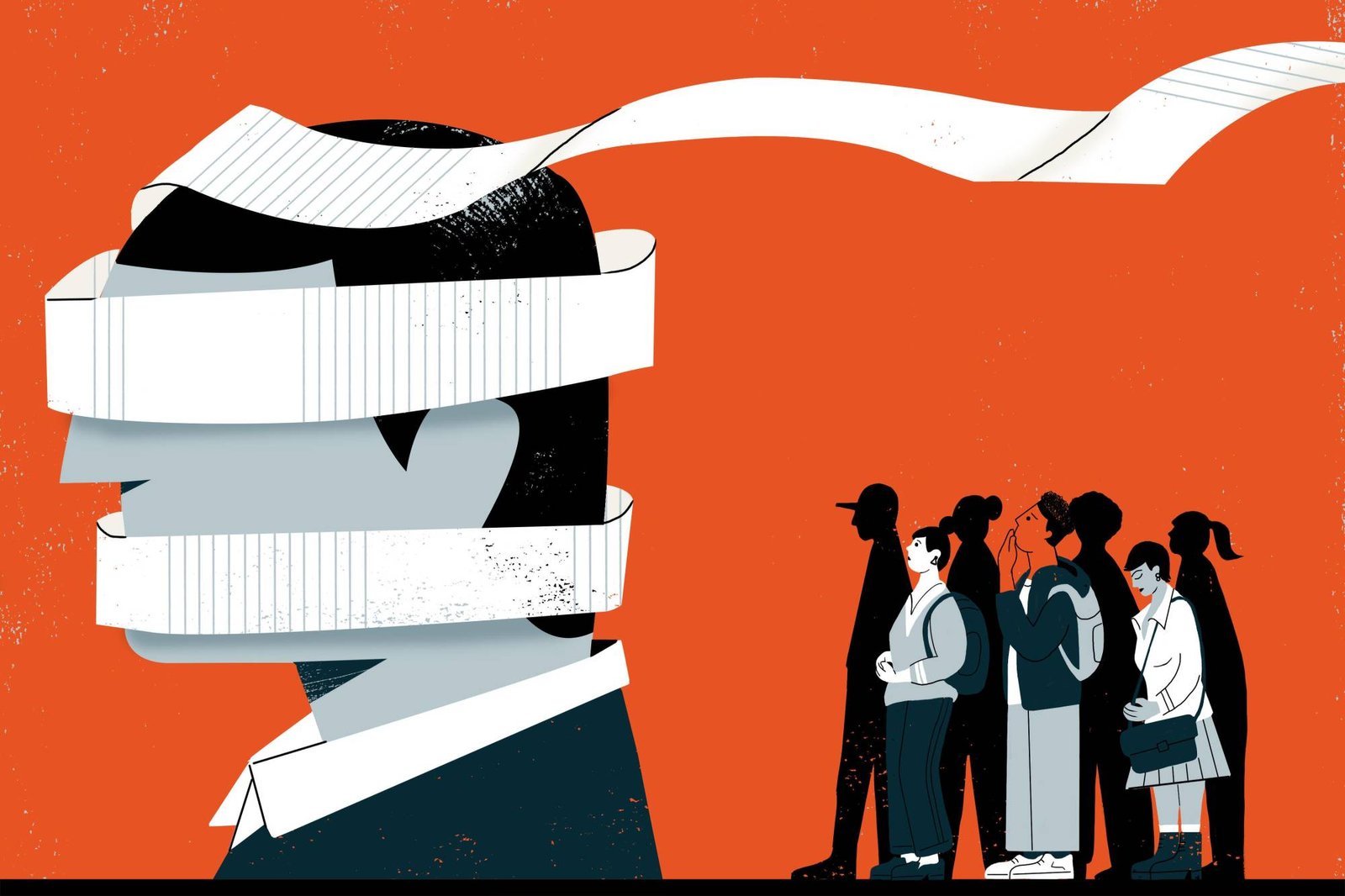 Illustration of a man blinded with tape as students watch