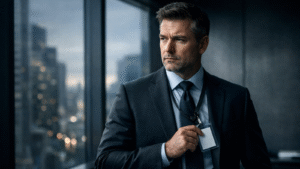 Executivo segurando crachá corporativo em escritório moderno, simbolizando transição de carreira e valor profissional além do cargo.