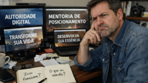 Profissional observa telas com promessas genéricas como “autoridade digital” e “mentoria de posicionamento”, enquanto questiona em anotações se aquilo realmente funciona e o que está sendo vendido