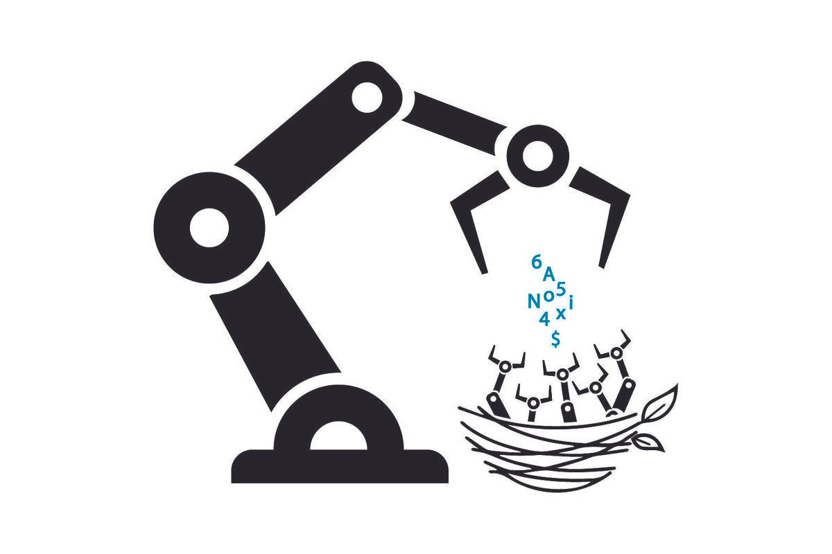 Um robô alimenta com letras pequenos robôs num ninho.