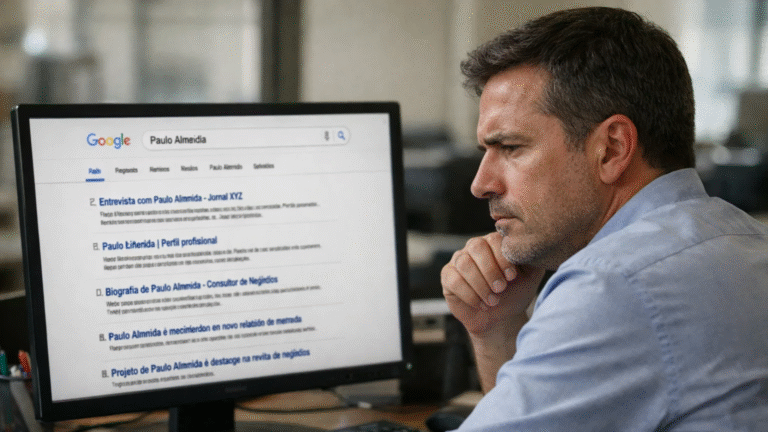 Homem em escritório analisando resultados de busca no Google com seu nome, refletindo sobre sua reputação digital e como é percebido online.
