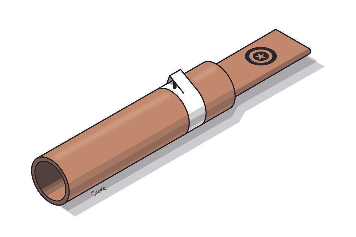 Um rojão com o símbolo do Capitão América no cabo.