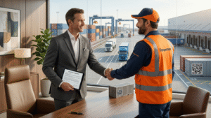 Executivo e transportador apertam as mãos em escritório com vista para pátio logístico com caminhões e contêineres, simbolizando acordo de transporte de cargas e gestão operacional