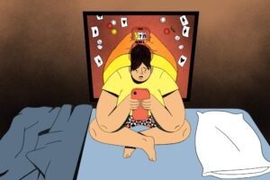 This illustration shows a teenage boy sitting cross-legged on a bed with his phone in his hands.