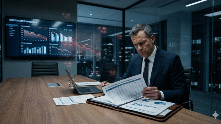 Executivo analisando relatórios financeiros em sala de reunião enquanto gráficos ao fundo indicam queda e prejuízos ocultos