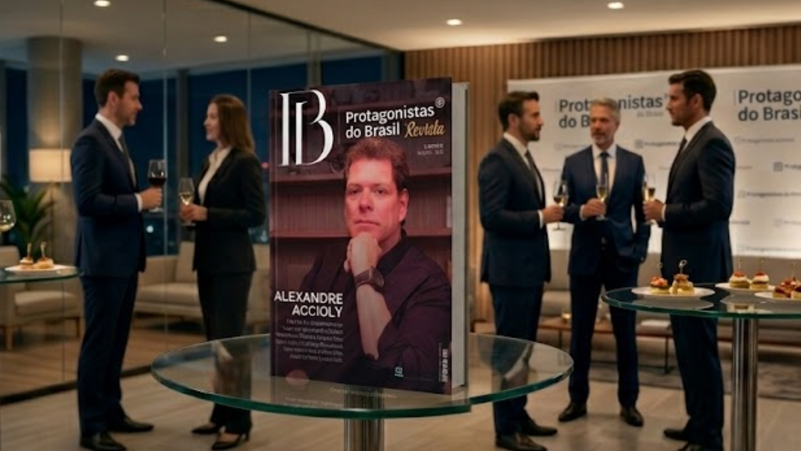 Revista Protagonistas do Brasil com Alexandre Accioly na capa, em evento corporativo de alto padrão com executivos em ambiente de networking