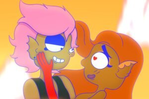 Dois personagens animados com traços fantásticos se olham com afeto contra um céu alaranjado ao pôr do sol. Um personagem tem pele verde, cabelo rosa e veste regata preta, enquanto o outro tem pele laranja, cabelo longo e olhos com formato de coração.