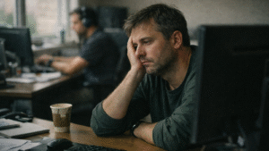 Colaborador com expressão de exaustão apoiado na mesa de trabalho, em ambiente corporativo silencioso e desconectado