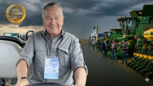 Maurilio Biagi durante a Agrishow 2025 em Ribeirão Preto, em meio a máquinas agrícolas e cenário que representa os desafios do agronegócio brasileiro.