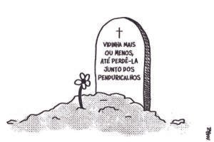 A charge de Marília Marz publicada no dia 9 de maio mostra uma lápide enfiada na terra. Nela, lê-se: