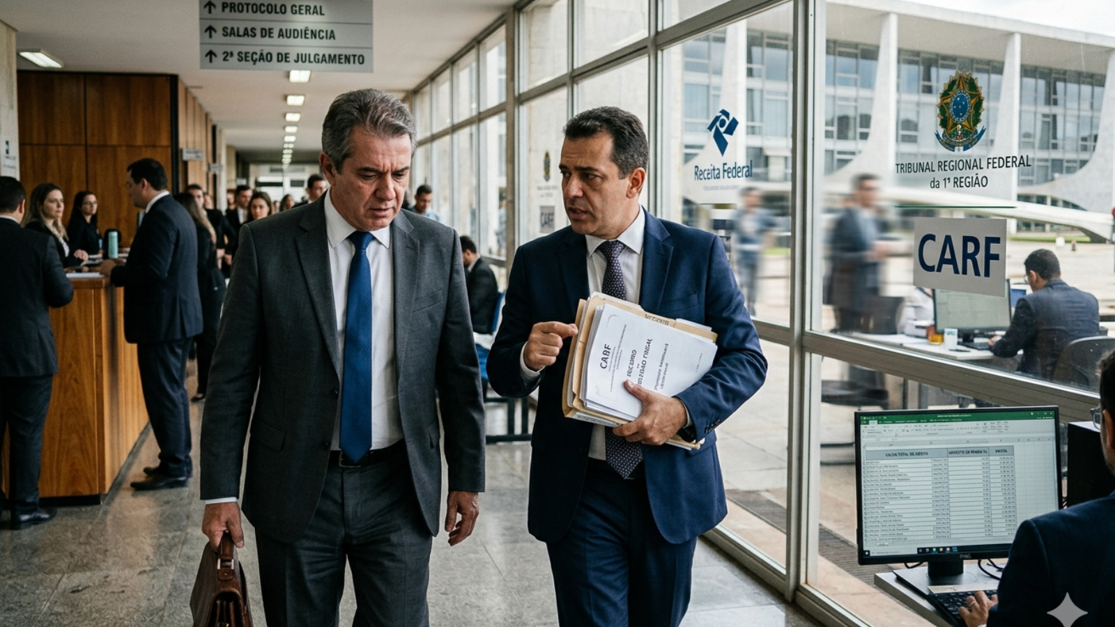 Advogado e empresário caminham em corredor de tribunal federal em meio ao debate sobre decisões do CARF, Receita Federal e segurança jurídica tributária.