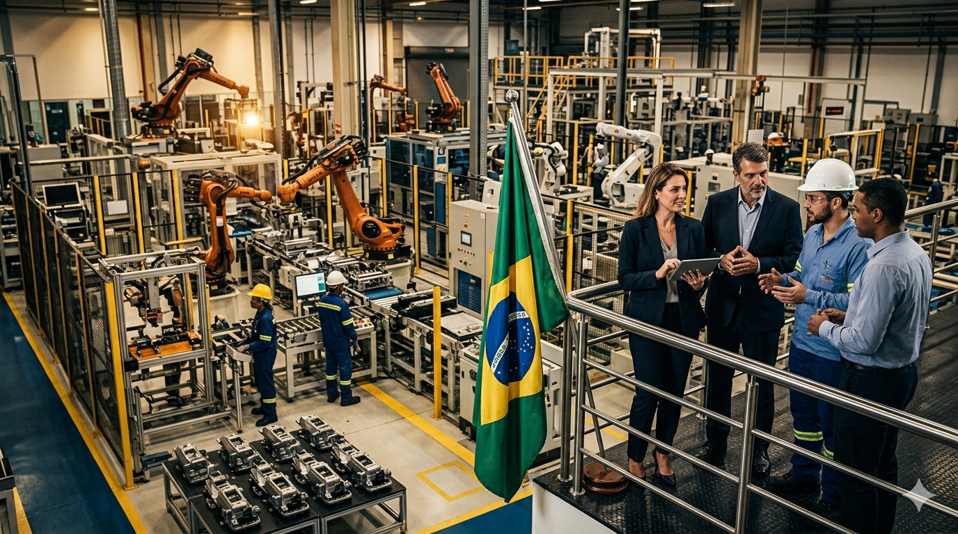 Executivos e trabalhadores observam linha de produção automatizada em indústria brasileira moderna, com robôs industriais e bandeira do Brasil ao centro.