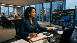 Executiva analisando dados financeiros em escritório corporativo moderno com gráficos de mercado em telas digitais