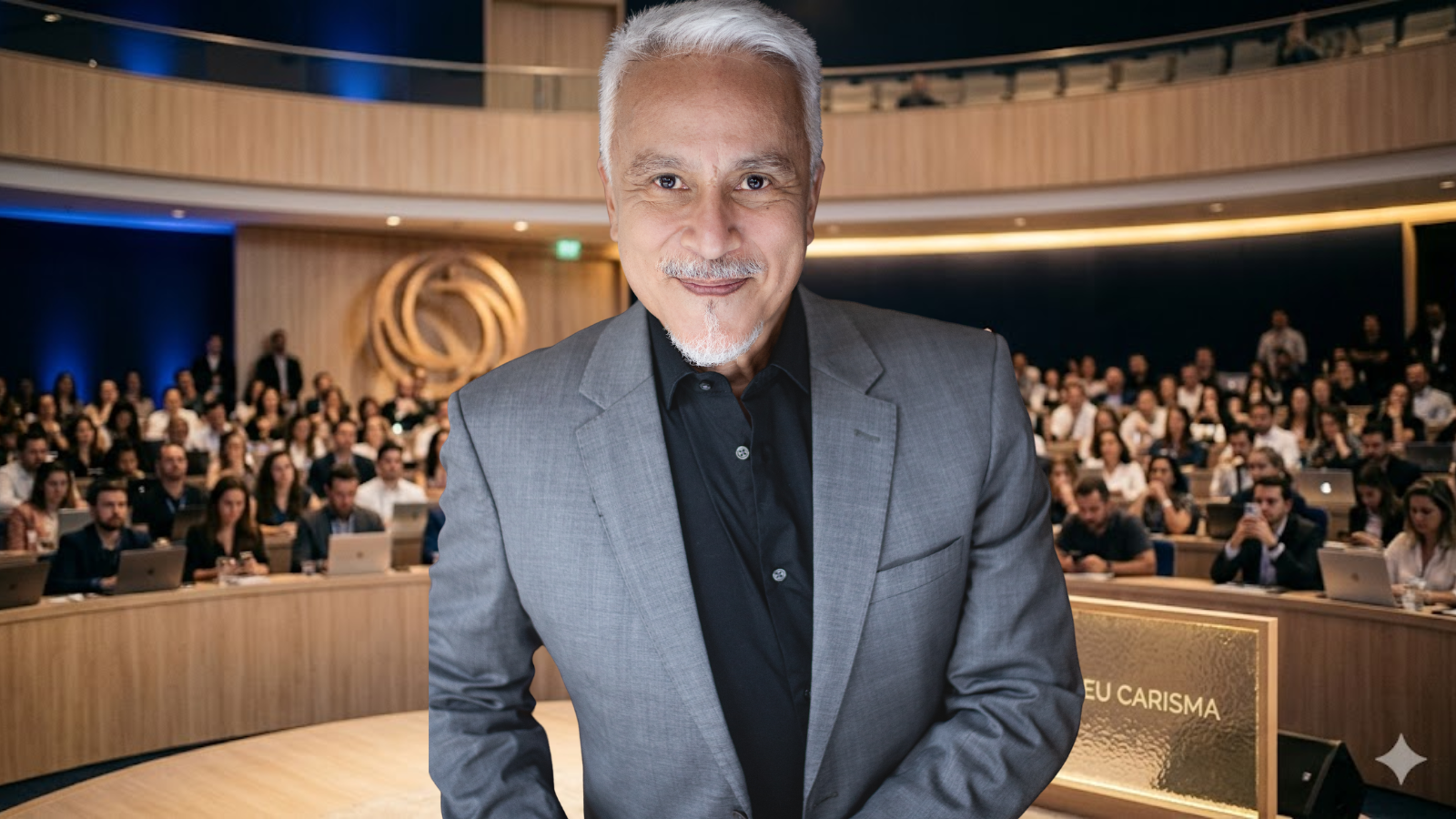 Eduardo Shinyashiki durante divulgação da palestra “Destrave o seu Carisma”, em ambiente corporativo voltado à liderança, autenticidade e desenvolvimento humano.