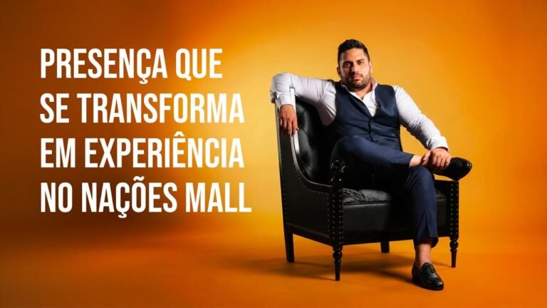 Caio Santomo em ensaio institucional para o Nações Mall, reforçando posicionamento ligado à experiência, convivência e lifestyle urbano.