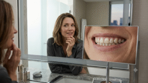 Mulher observando o próprio sorriso no espelho enquanto imagem ampliada destaca sinais sutis de desgaste e envelhecimento dentário.
