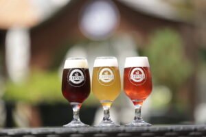 A imagem mostra três copos de cerveja dispostos em uma mesa. O copo da esquerda contém uma cerveja escura, o do meio tem uma cerveja clara e o da direita apresenta uma cerveja âmbar. Todos os copos têm um logotipo com a palavra