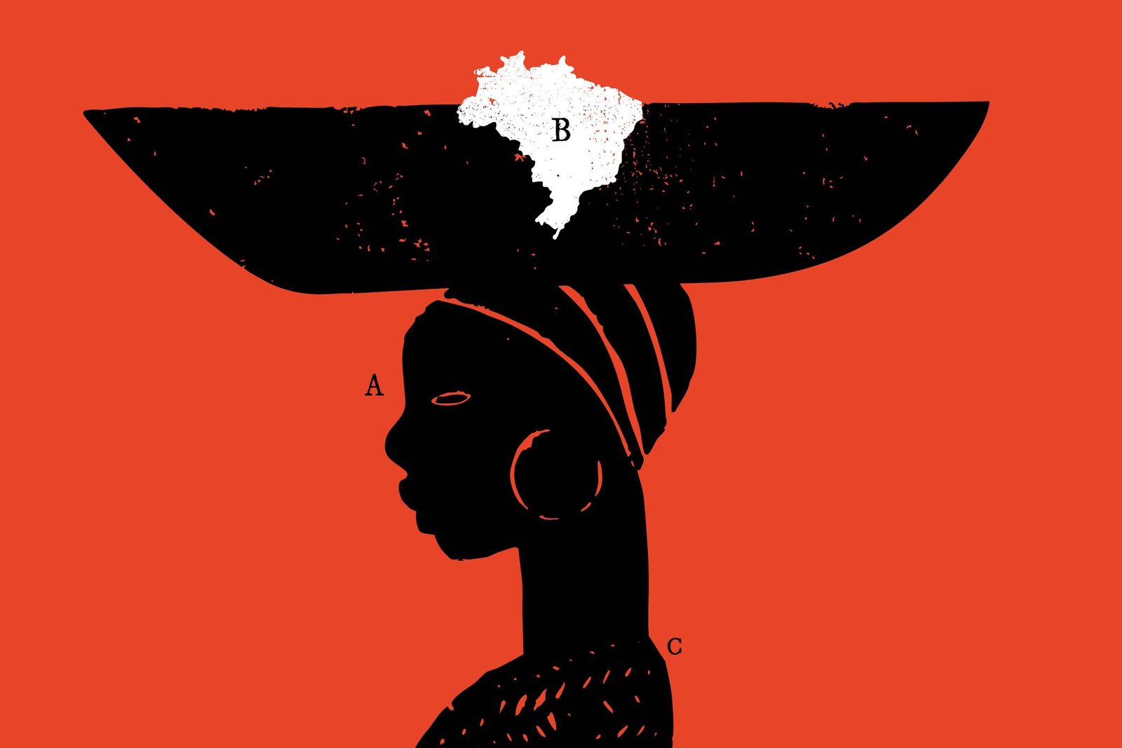 Silhueta preta de mulher de perfil com turbante e brinco grande, sobre fundo vermelho. Ela carrega um objeto preto na cabeça com o mapa do Brasil branco marcado com a letra B. Letras A e C indicam partes da silhueta da mulher.
