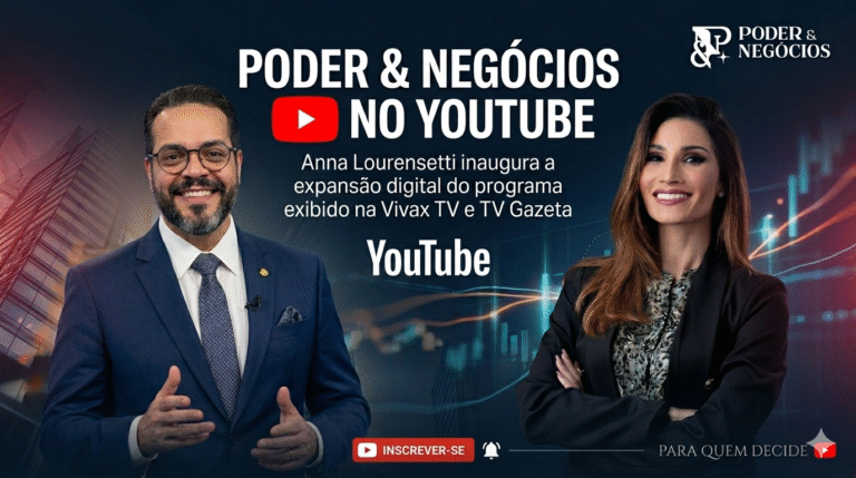 Tucco e Anna Lourensetti em destaque na arte de lançamento do canal Poder & Negócios no YouTube. O programa, exibido pela Vivax TV e TV Gazeta, amplia sua presença digital com entrevistas sobre liderança, negócios e influência.