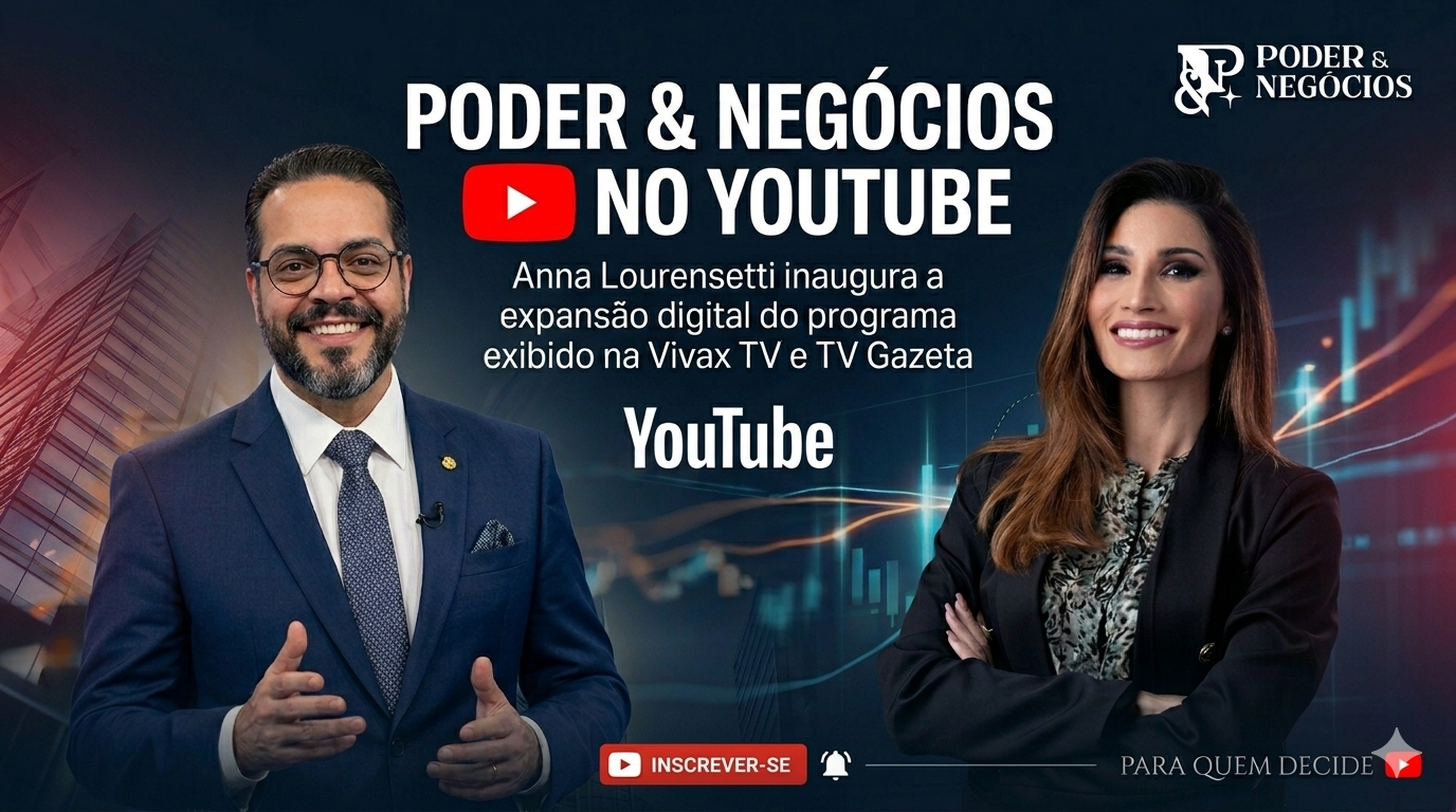 Tucco e Anna Lourensetti em destaque na arte de lançamento do canal Poder & Negócios no YouTube. O programa, exibido pela Vivax TV e TV Gazeta, amplia sua presença digital com entrevistas sobre liderança, negócios e influência.
