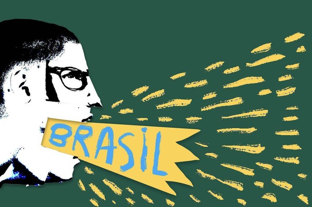 Ilustração estilizada mostra perfil de uma pessoa com cabelo curto e óculos, de boca aberta, de onde sai um balão amarelo com a palavra