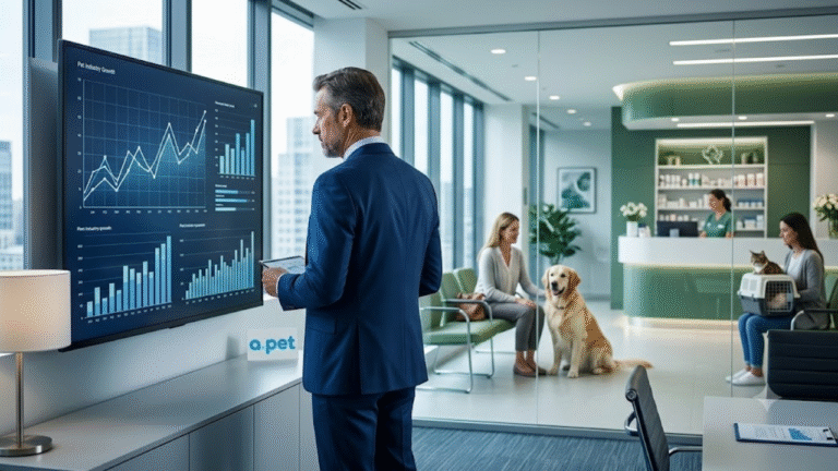 Executivo analisa indicadores de crescimento enquanto clínica veterinária da APet atende tutores e pets em ambiente moderno, destacando estratégia, tecnologia e gestão sustentável.