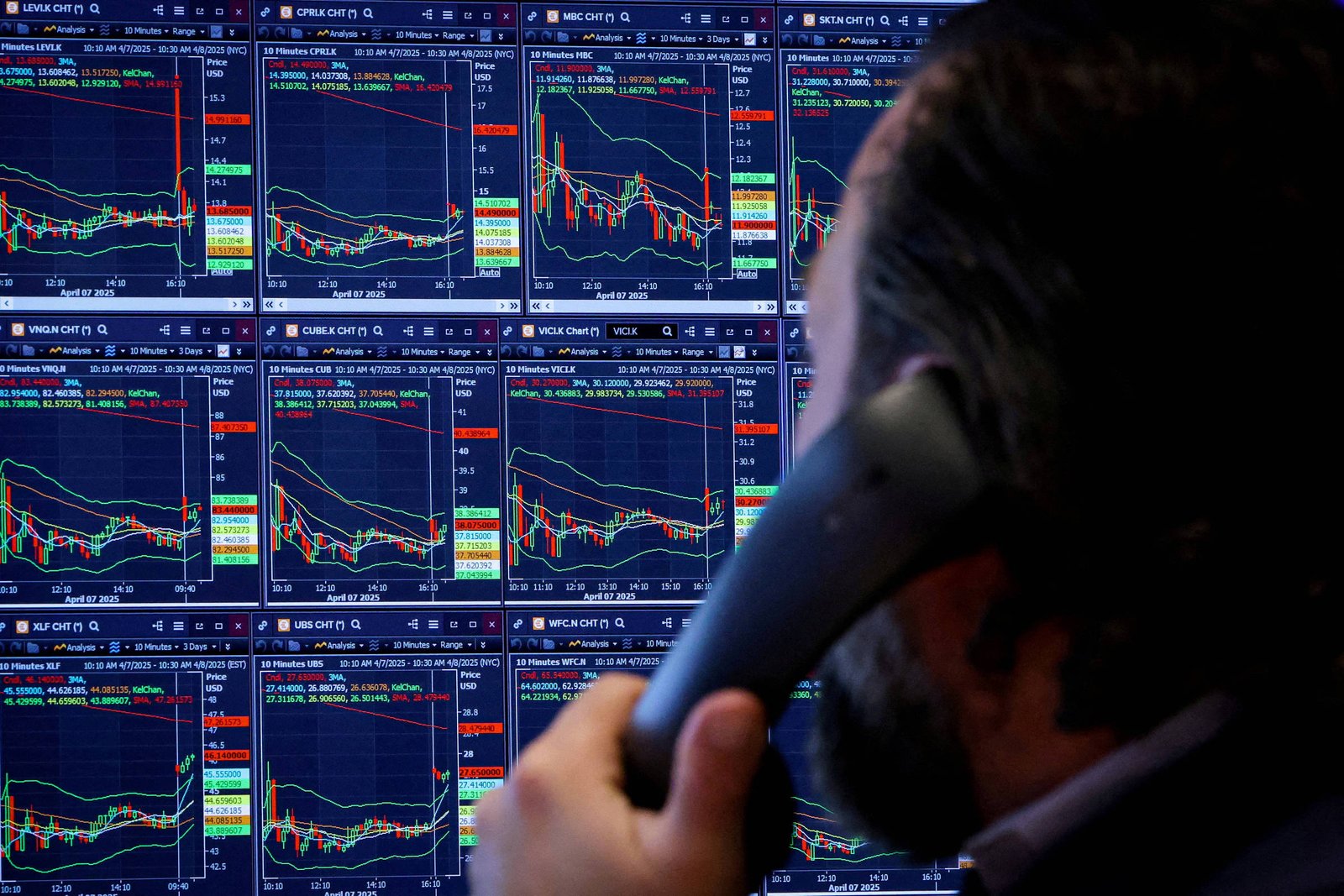 Homem de perfil segura telefone ao ouvido enquanto observa nove telas com gráficos financeiros coloridos mostrando variações de mercado, com linhas e barras em fundo escuro.